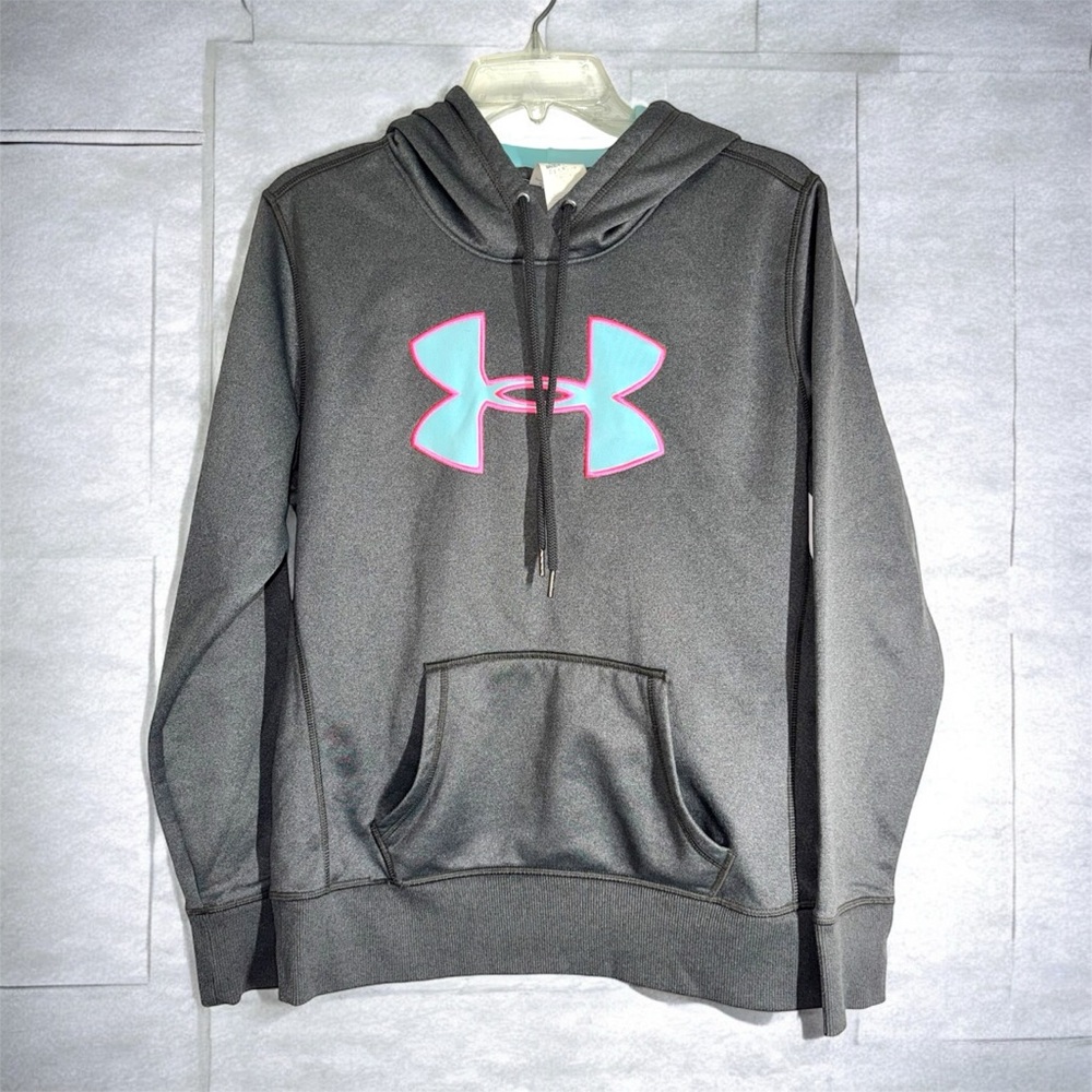 Under Armour Gray Hoodie with Teal and Pink Logo size S